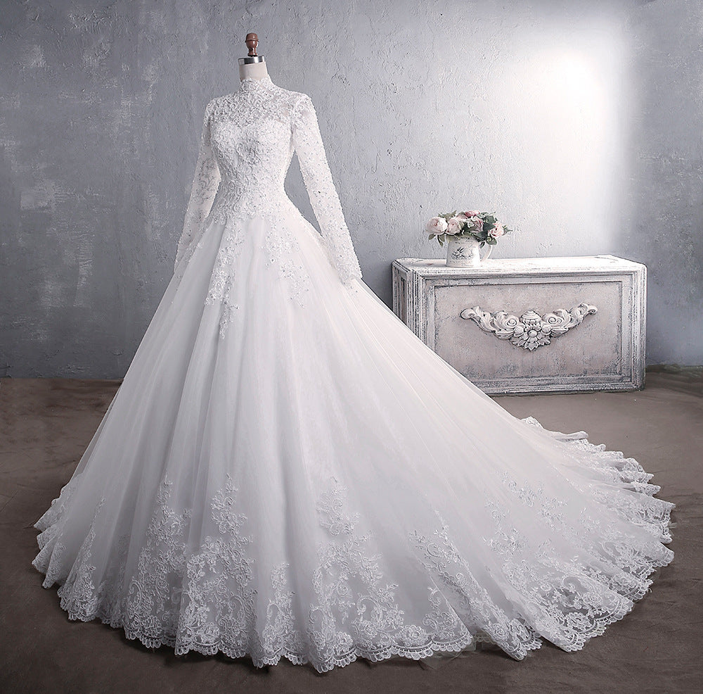 Lace Wedding Dress with Stand-Up Collar and Long Sleeves