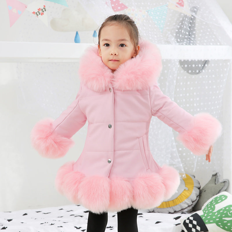 Girls Winter Mid-Length Padded Jacket – Retro Style, Cotton, Pink/Red/Black