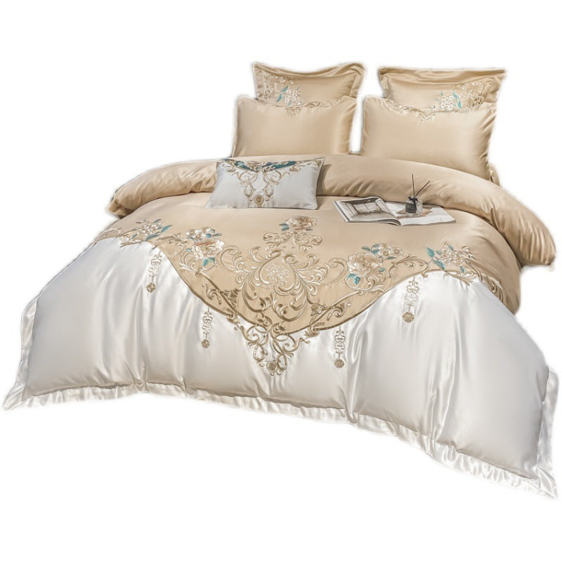 European Champagne Flower Embroidery Four-Piece Luxury Bedding Set