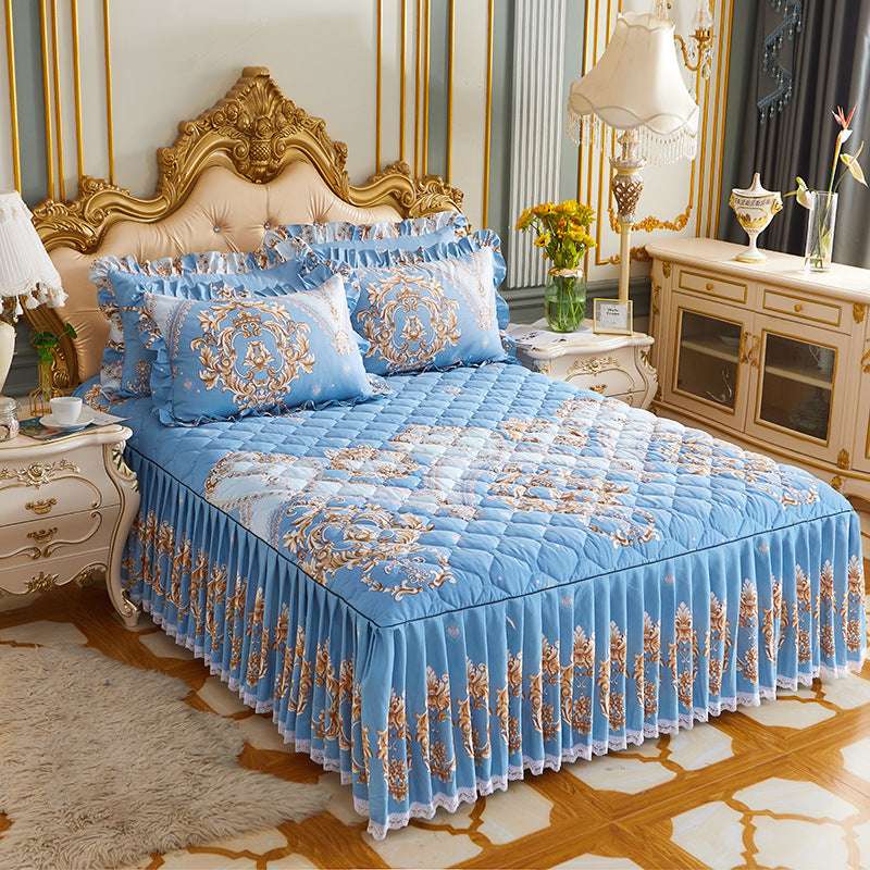 Thick Quilted Bedspread and Bed Skirt Bedding Set with Pillowcases