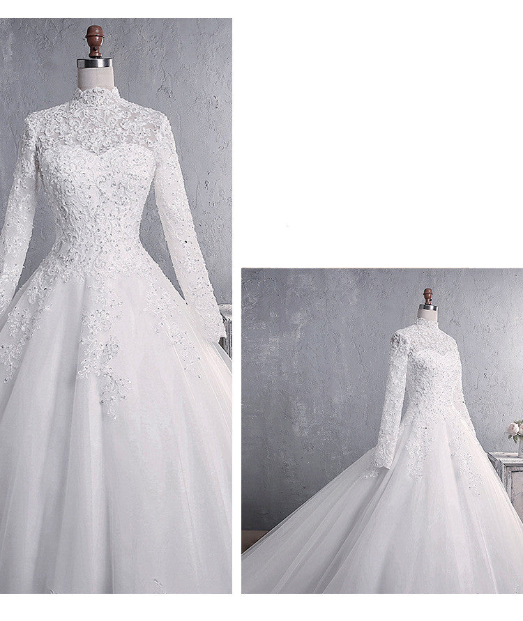 Lace Wedding Dress with Stand-Up Collar and Long Sleeves