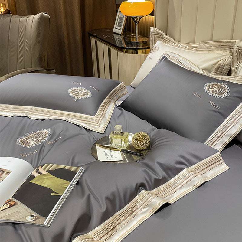 Elegant Cotton Satin Quilt Cover Bed Plain Color Bedding Set