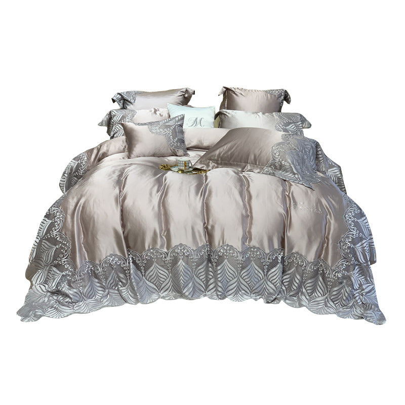 European Style Four-Piece Silk Cotton Bedding Set – Elena Champagne Gold and Purple-Gray