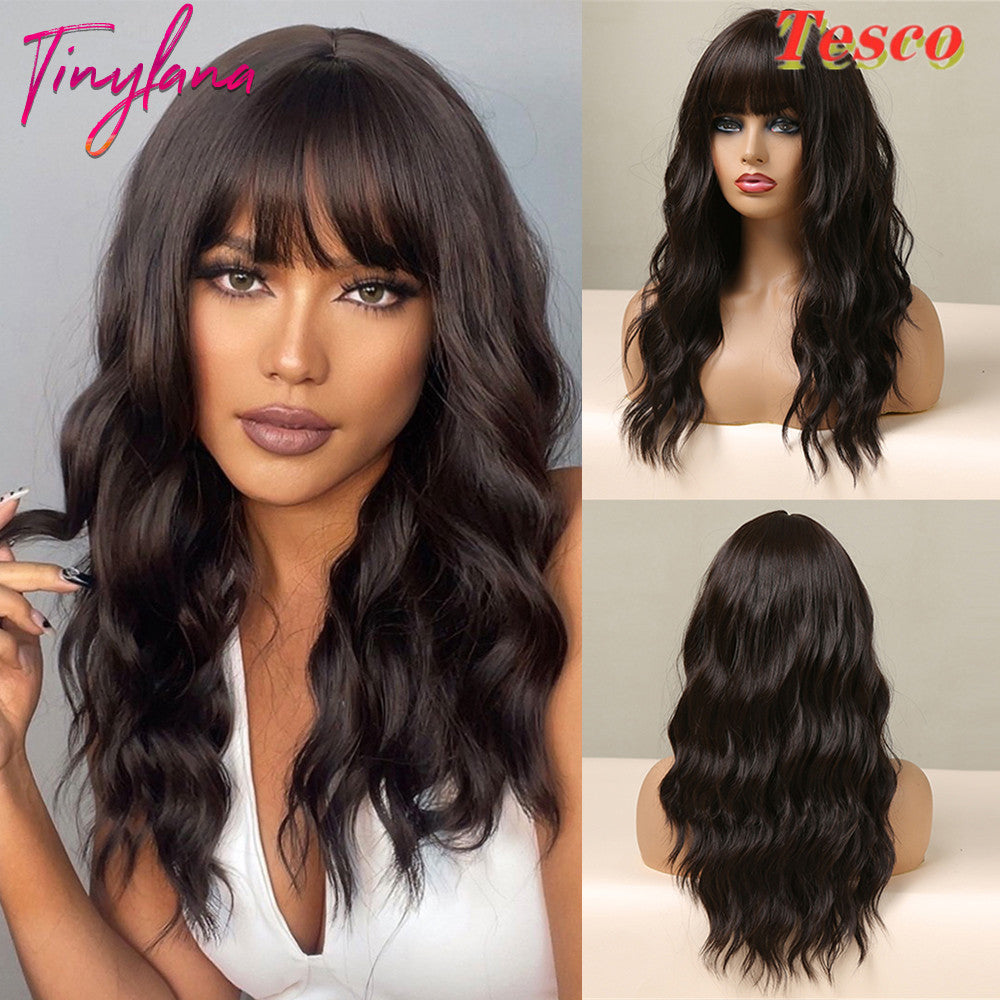 Women's Wavy Wig with Fringed Bangs – Sweet & Cute Hairstyle, Long Black Curls, Heat-Resistant Hair