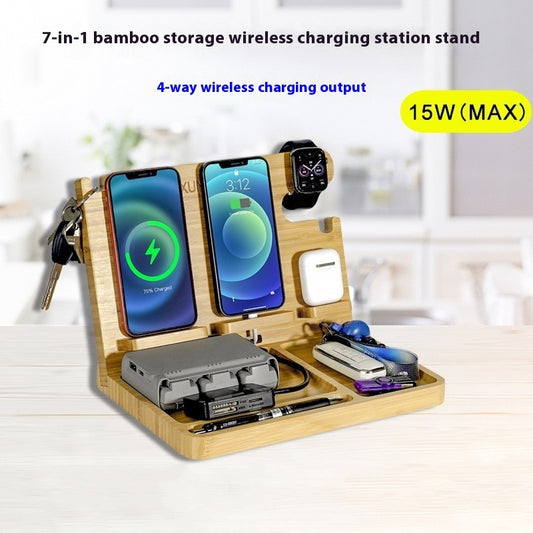 Eco-Friendly Six-in-One Wireless Charger with Phone Holder – Premium Bamboo Design