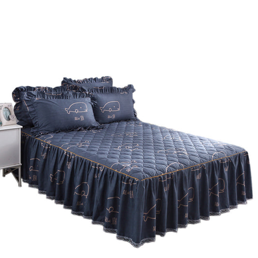 Thick Quilted Bedspread and Bed Skirt Bedding Set with Pillowcases