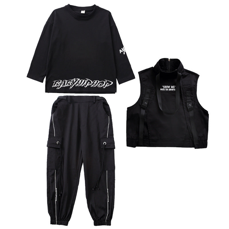 Trendy Hip-Hop Outfit for Kids – Cotton Black Set with Long Sleeve Top, Pants, and Vest